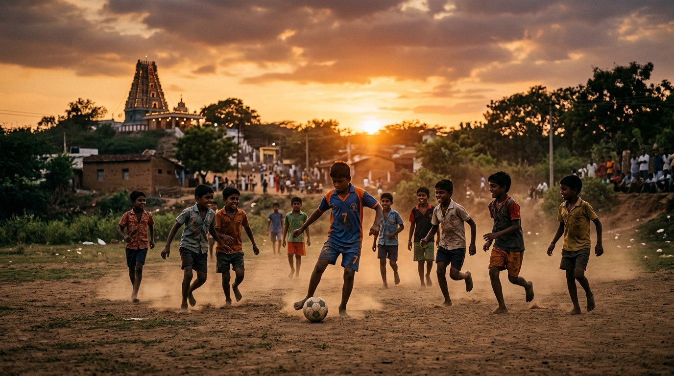 Indian kids playing football at sunset